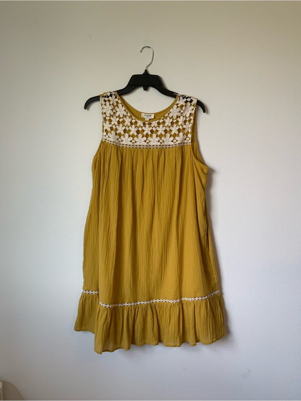 Umgee Mustard Yellow Sleeveless Lace-Yoke Mini Dress